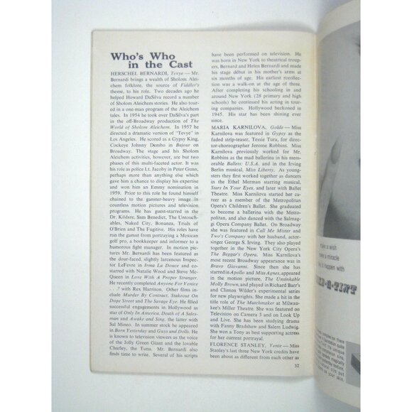 Fiddler On The Roof Playbill Imperial Theatre 1966 Herschel Bernardi Robbins - Picture 7 of 8